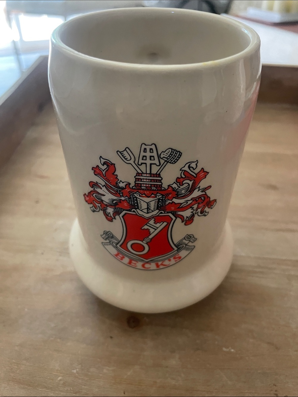 Becks vintage beer stein White Ceramic Crest Mug -